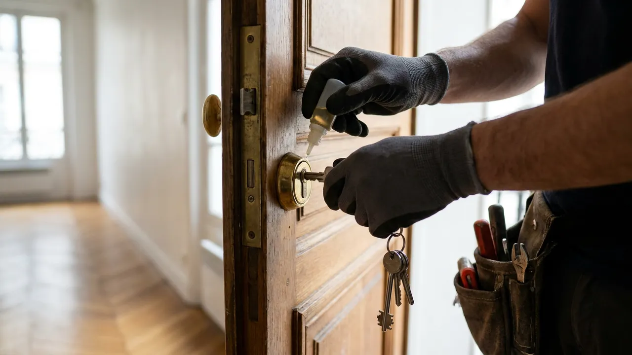 Entretien d'une serrure multipoints sur la porte d'un pavillon de Bondy avec un lubrifiant sec