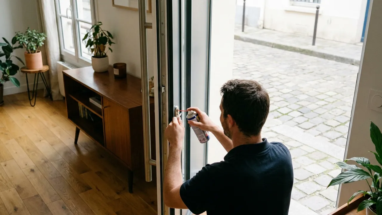 Serrurier lubrifiant le cylindre grippé d'une porte d'entrée dans un immeuble de Bondy
