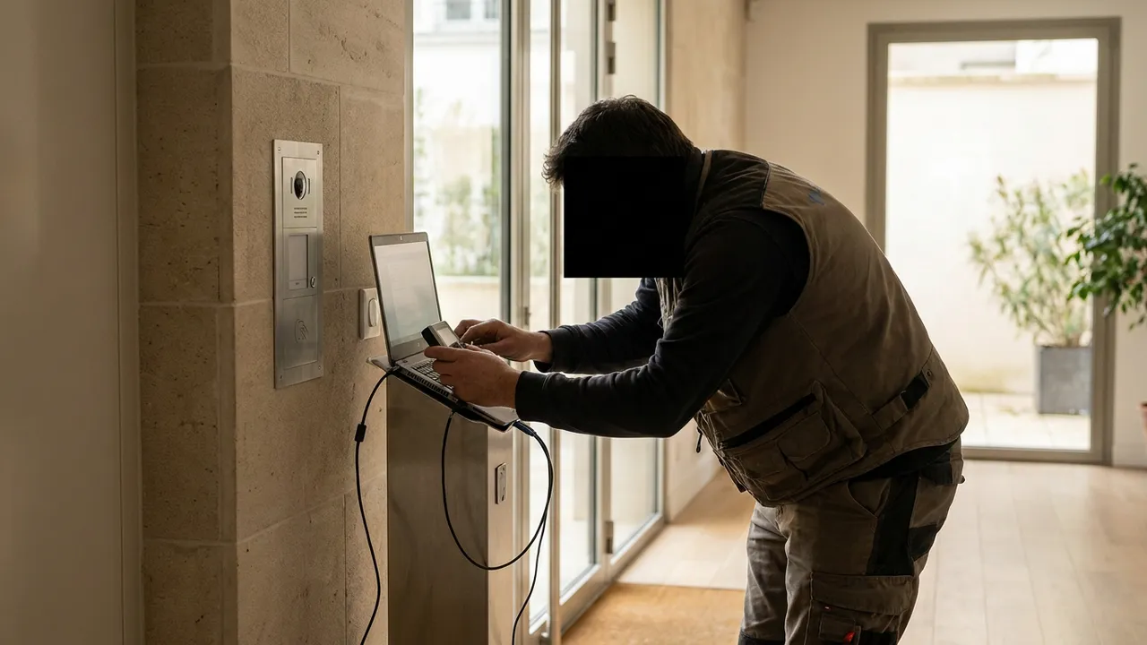 Porte de hall d'immeuble avec platine à badges Vigik dans une copropriété de Bondy